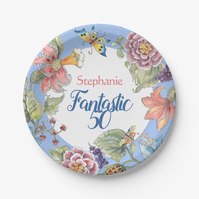 Plato De Papel Fantástico 50 Floral Azul acuarela 50 cumpleaños (Anverso)