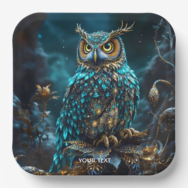 Plato De Papel Fantasy Cute Brass Turquoise Owl (Anverso)