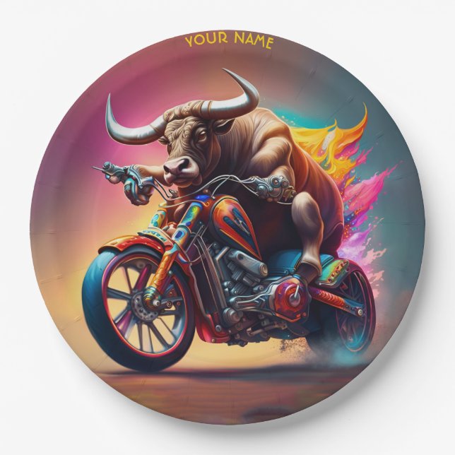 Plato De Papel Fantasy Cute Bull Riding Bike (Anverso)