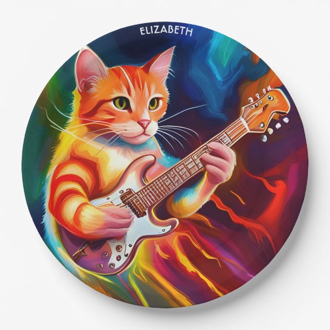 Plato De Papel Fantasy Cute Cat Tocando Guitarra (Anverso)