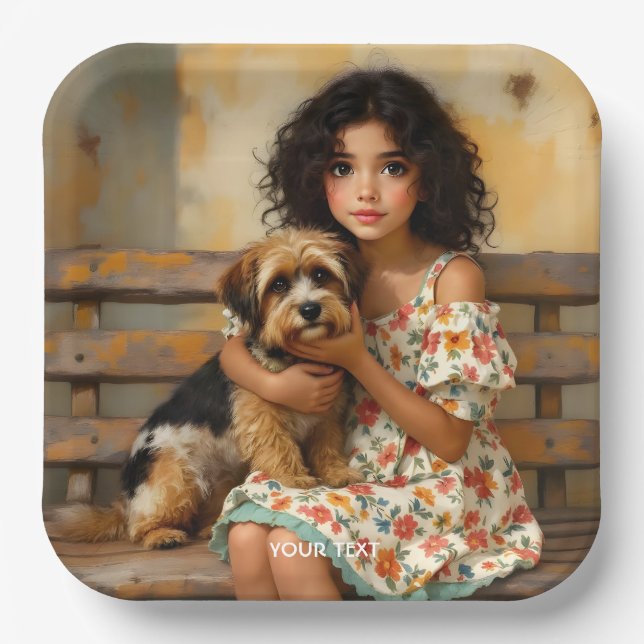 Plato De Papel Fantasy Cute Dog Chica Bench (Anverso)