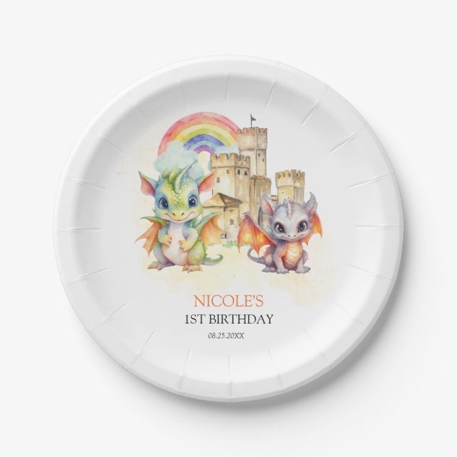 Plato De Papel Fantasy Cute Dragon Castle Rainbow Kids Cumpleaños (Anverso)
