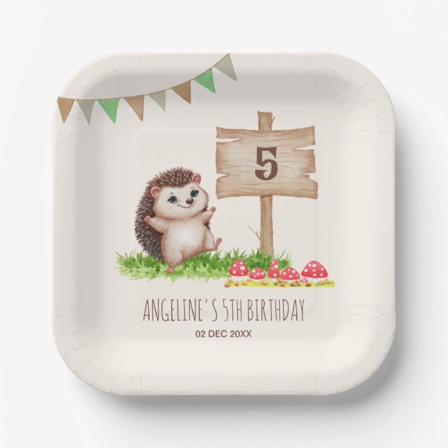 Plato De Papel Fantasy Cute Happy Hedgehog Forest Birday (Anverso)