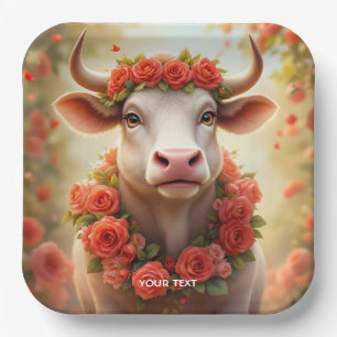 Plato De Papel Fantasy Cute Lovely Cow Rosas