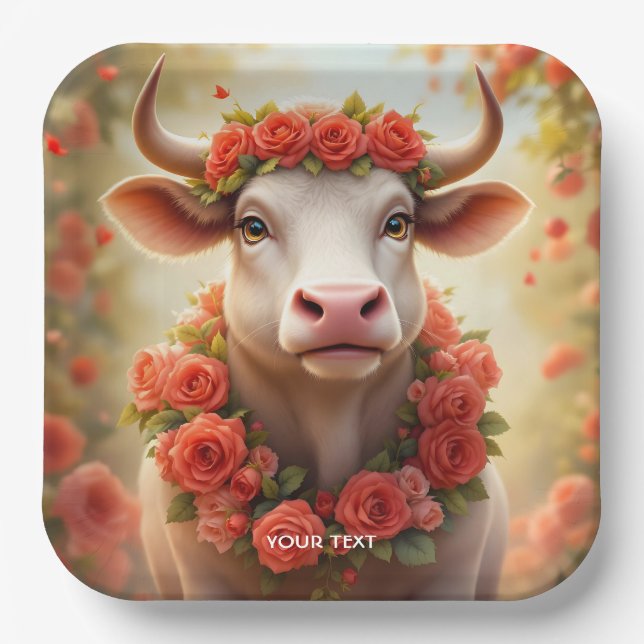 Plato De Papel Fantasy Cute Lovely Cow Rosas (Anverso)