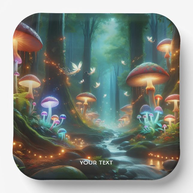 Plato De Papel Fantasy Cute Mushrooms Forest Night (Anverso)