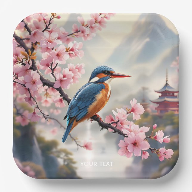 Plato De Papel Fantasy Cute Sakura Bird Blue (Anverso)