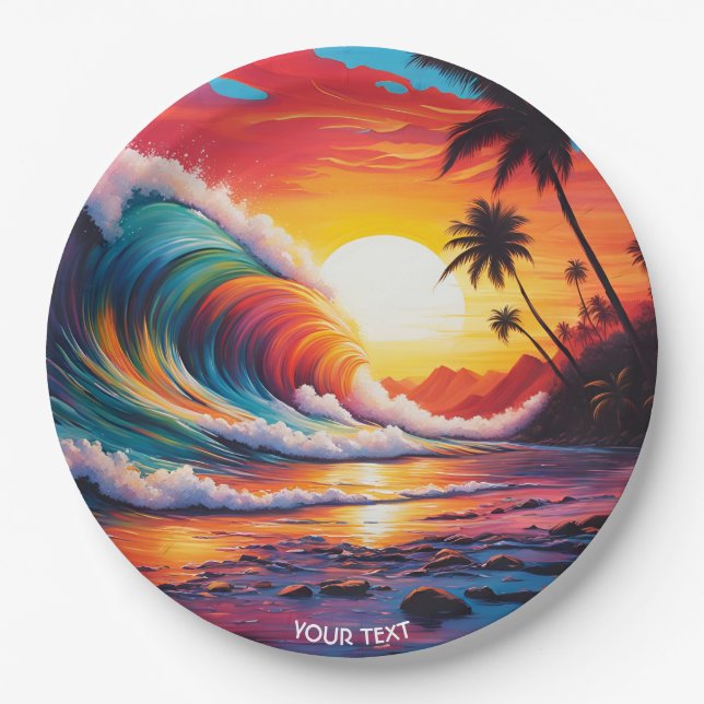 Plato De Papel Fantasy Cute Vivid Waves Beach Sunset (Anverso)