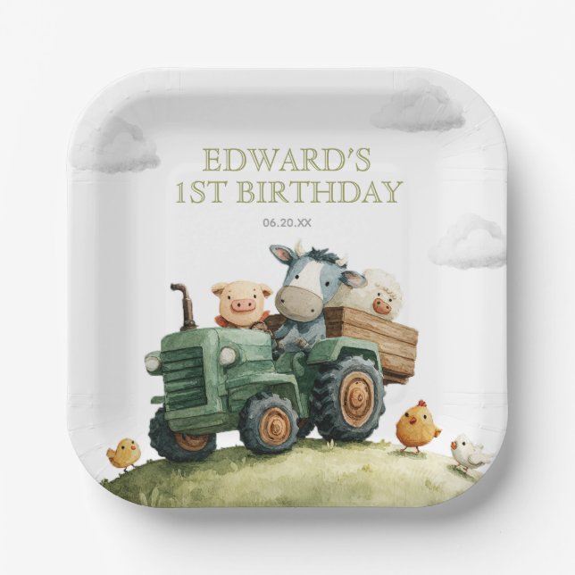 Plato De Papel Farm Animals Green Tractor Birthday (Anverso)