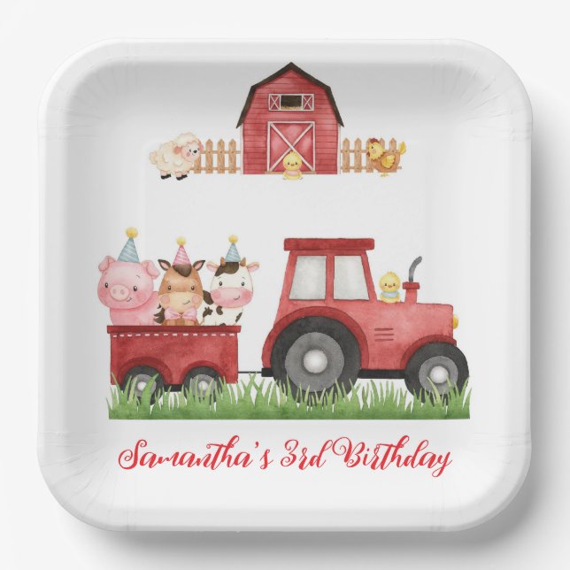 Plato De Papel Farm Animals Red Boy Barnyard Birthday Party (Anverso)