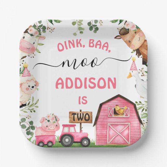 Plato De Papel Farm Pink Barn Tractor Birday Party (Anverso)