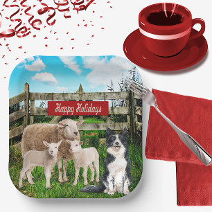 Plato De Papel Farm Ranch Sheep and Dog Happy Holidays