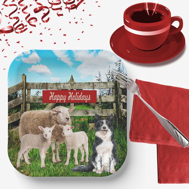 Plato De Papel Farm Ranch Sheep and Dog Happy Holidays (Subido por el creador)