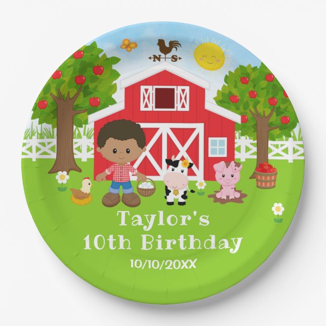 Plato De Papel Farm Red Barn African American Boy Birday Party (Anverso)