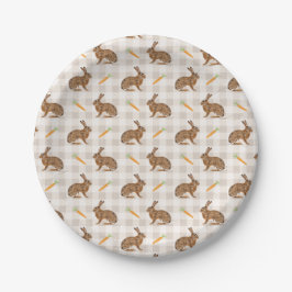 Plato De Papel Farmhouse Hares And Carrots Rustic Beige Gingham