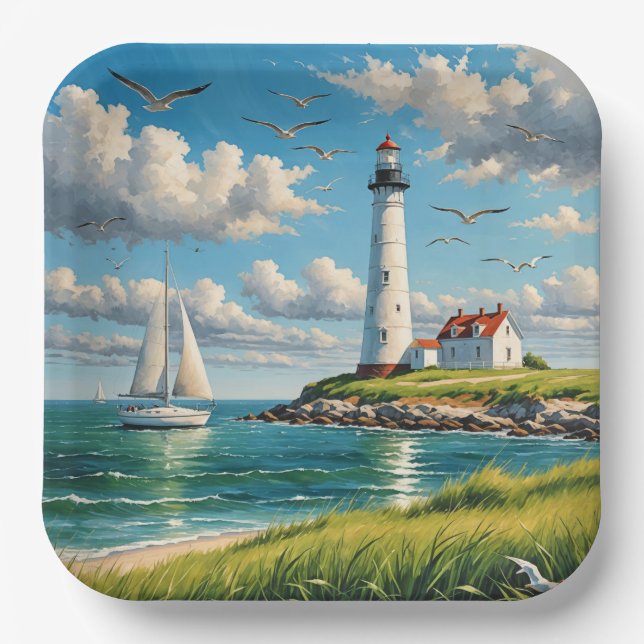 Plato De Papel Faro blanco con velero (Anverso)