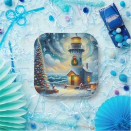 Plato De Papel Faro de árbol de navidad azul costero náutico