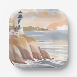 Plato De Papel Faro en la Costa | Océano Acuarela