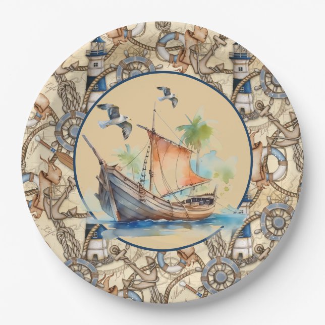 Plato De Papel Faro Náutico Con Barco (Anverso)