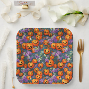 Plato De Papel Faroles Jack-o' De Halloween Y Flores Moradas