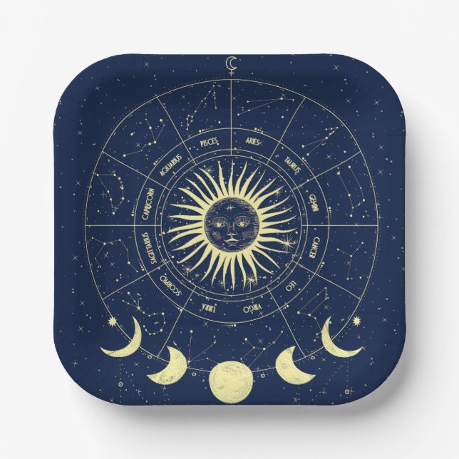 Plato De Papel Fases celestes de la luna solar Zodiac (Anverso)