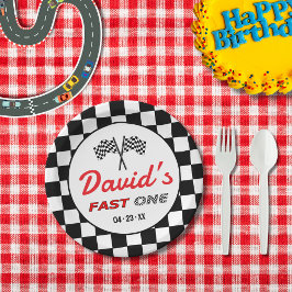 Plato De Papel Fast ONE | Black White Race Car Flags Birthday