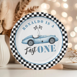 Plato De Papel Fast One Blue Race Car Boy 1er cumpleaños