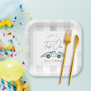 Plato De Papel Fast One Blue Race Car Boy primer cumpleaños
