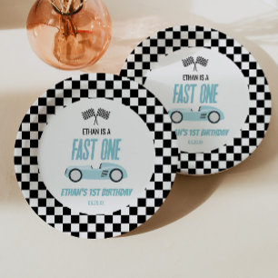 Plato De Papel Fast One Blue Race Car Primer Fiesta de cumpleaños