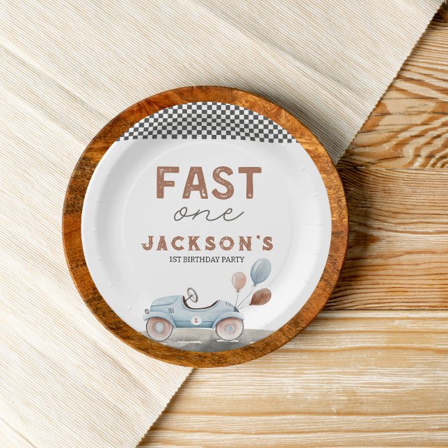 Plato De Papel Fast One Carreras Car Blue Boy primer cumpleaños (fast one race car retro 1st birthday custom paper plates)