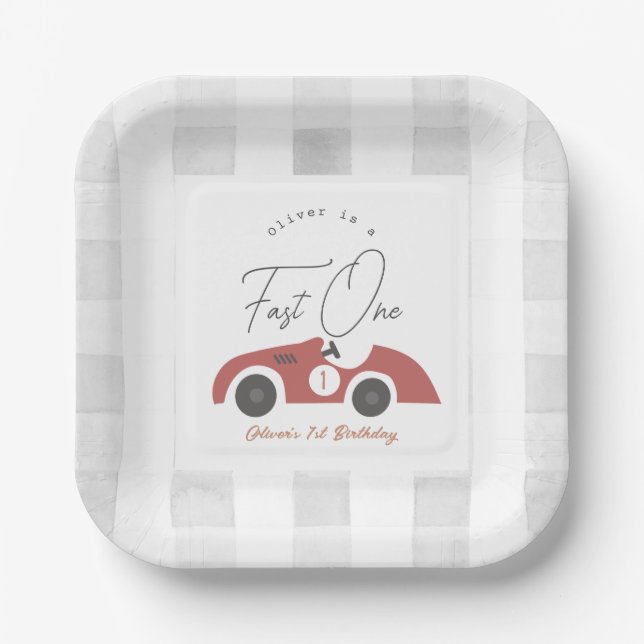 Plato De Papel Fast One Red Race Car Boy 1st Birthday (Anverso)