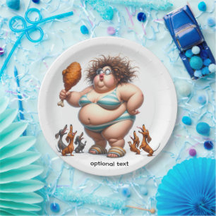 Plato De Papel Fat Chica animado comiendo pollo