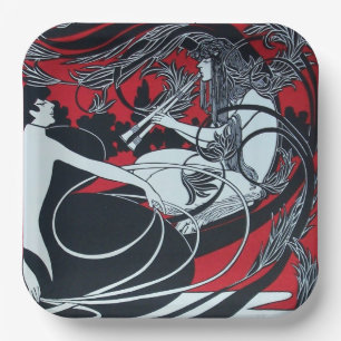 Plato De Papel FAUNO ART NOUVEAU Burdeos rojo, Blanco negro