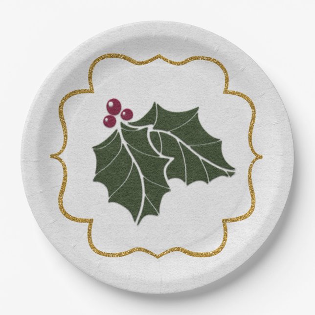 Plato De Papel Faux Felt and Gold Glitter Holly Leaves Berries (Anverso)