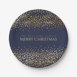 Plato De Papel Faux Gold Confetti Feliz Navidad Monograma Azul