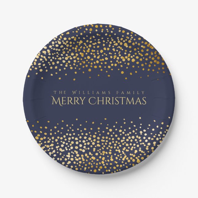 Plato De Papel Faux Gold Confetti Feliz Navidad Monograma Azul (Anverso)