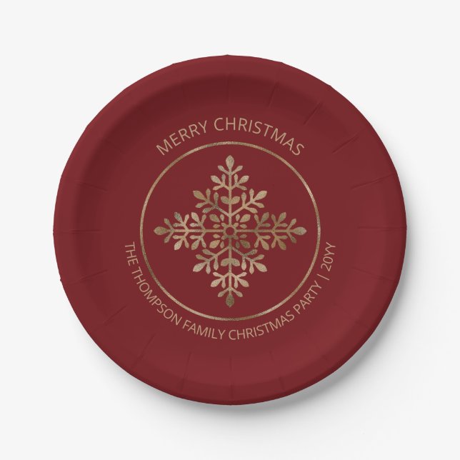 Plato De Papel Faux Golden Relieve metalizado Snowflake On Red (R (Anverso)