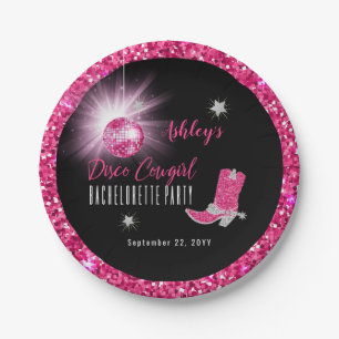 Plato De Papel Faux Purpurina Pink Disco Cowgirl Bachelorette