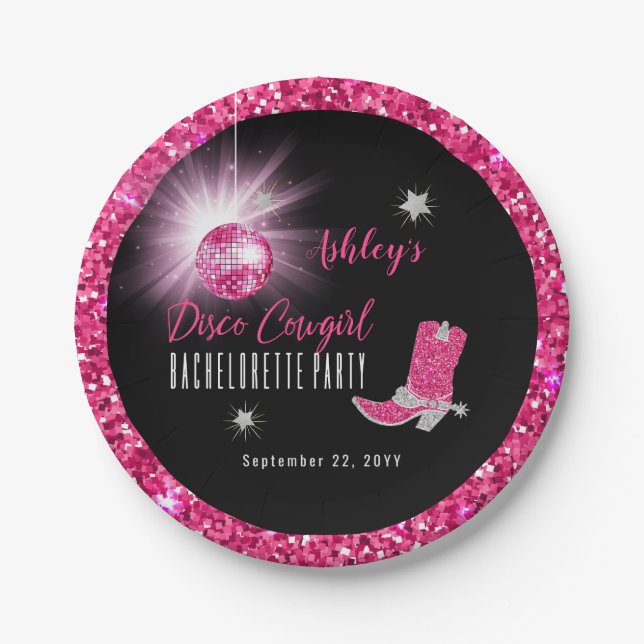 Plato De Papel Faux Purpurina Pink Disco Cowgirl Bachelorette (Anverso)