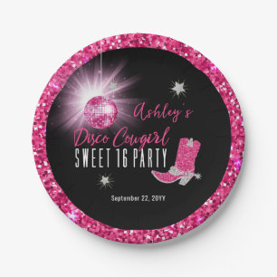 Plato De Papel Faux Purpurina Pink Disco Cowgirl Sweet 16 Fiesta