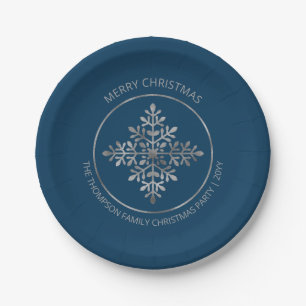 Plato De Papel Faux Relieve metalizado plateado Snowflake On Blue