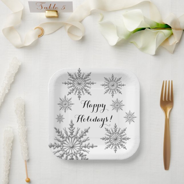 Plato De Papel Faux Silver Invierno Snowflake Felices Fiestas (Boda)