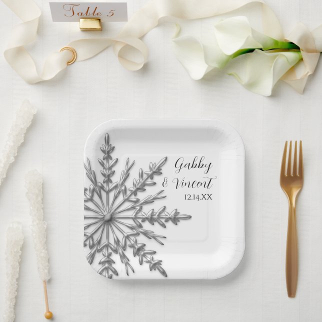 Plato De Papel Faux Silver Snowflake Winter Wedding (Boda)