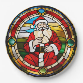 Plato De Papel Faux Stained Glass Sitting Santa