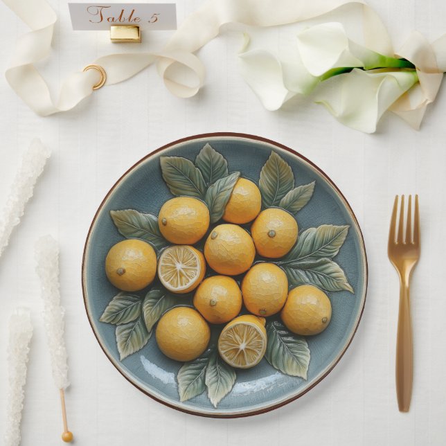 Plato De Papel Faux Stoneware Pottery Lemons (Boda)