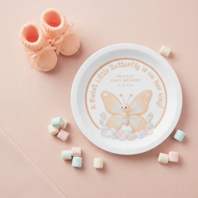 Plato De Papel Favor de Dulce Helado de Melocotón Mariposa para B (Peach Sorbet Butterfly Sweet Baby Shower Favor Paper Plates)