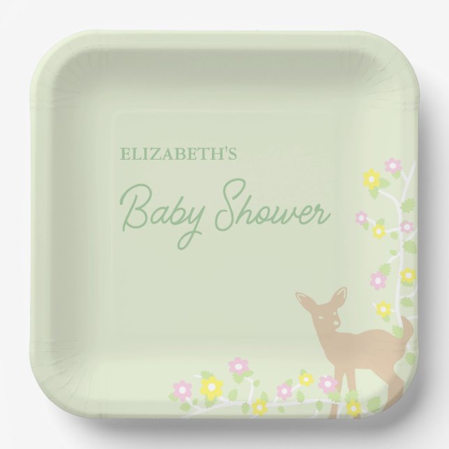 Plato De Papel Fawn Floral Girl Baby Shower (Anverso)