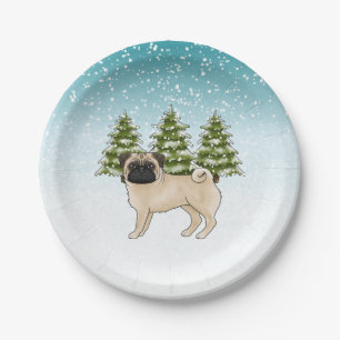 Plato De Papel Fawn Pug Cute Cartoon Dog Snowley Winter Forest