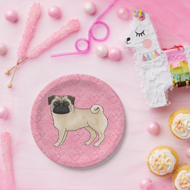Plato De Papel Fawn Pug Dog Personalizado Mops Love Heart Pattern (Fiesta)