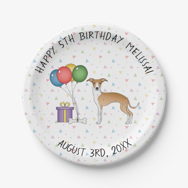 Plato De Papel Fawn Y White Italiana Greyhound Cute Dog Cumpleaño (Anverso)